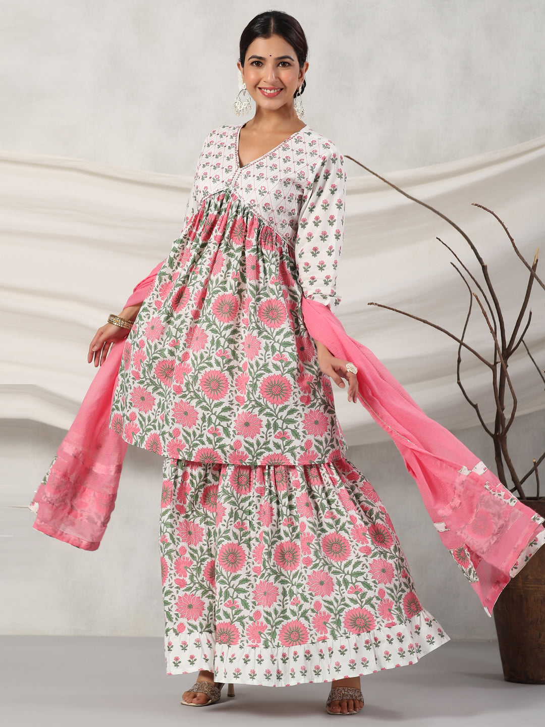 Flared Style Cotton Fabric Pink Color Kurta And Sharara With Dupatta