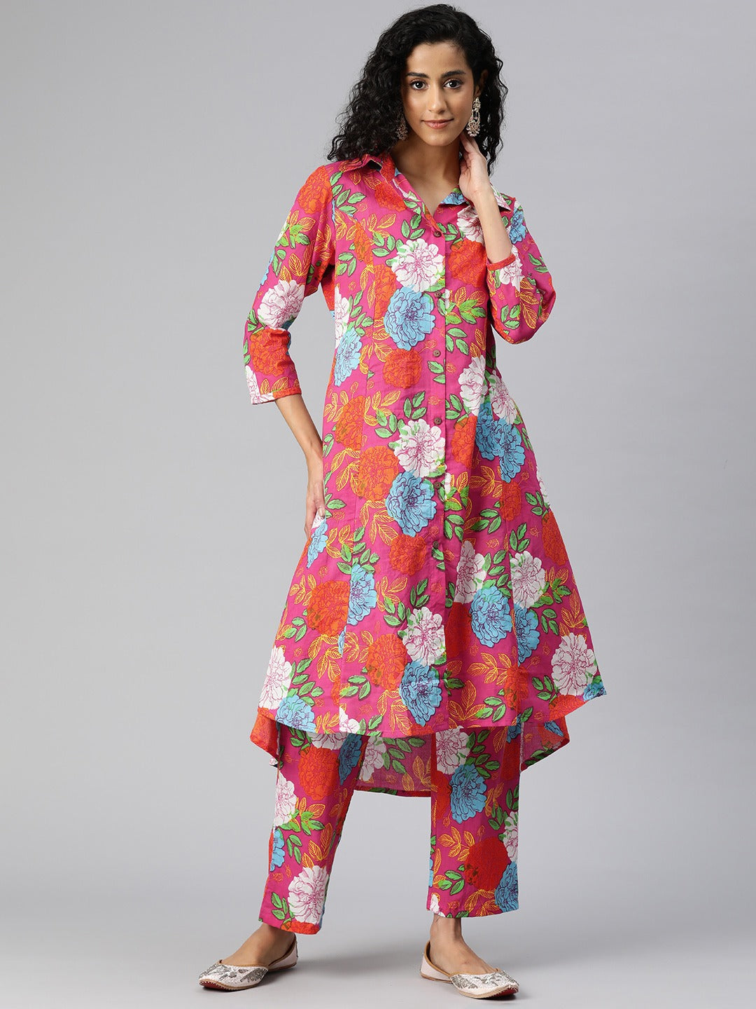 A Line Style Cotton Fabric Pink Color Co-Ord Set