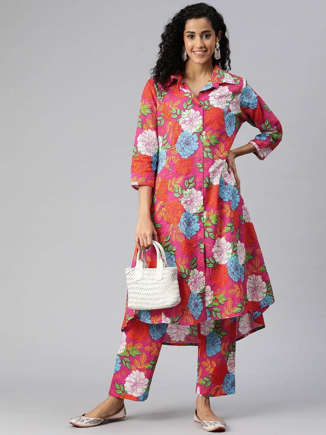 A Line Style Cotton Fabric Pink Color Co-Ord Set