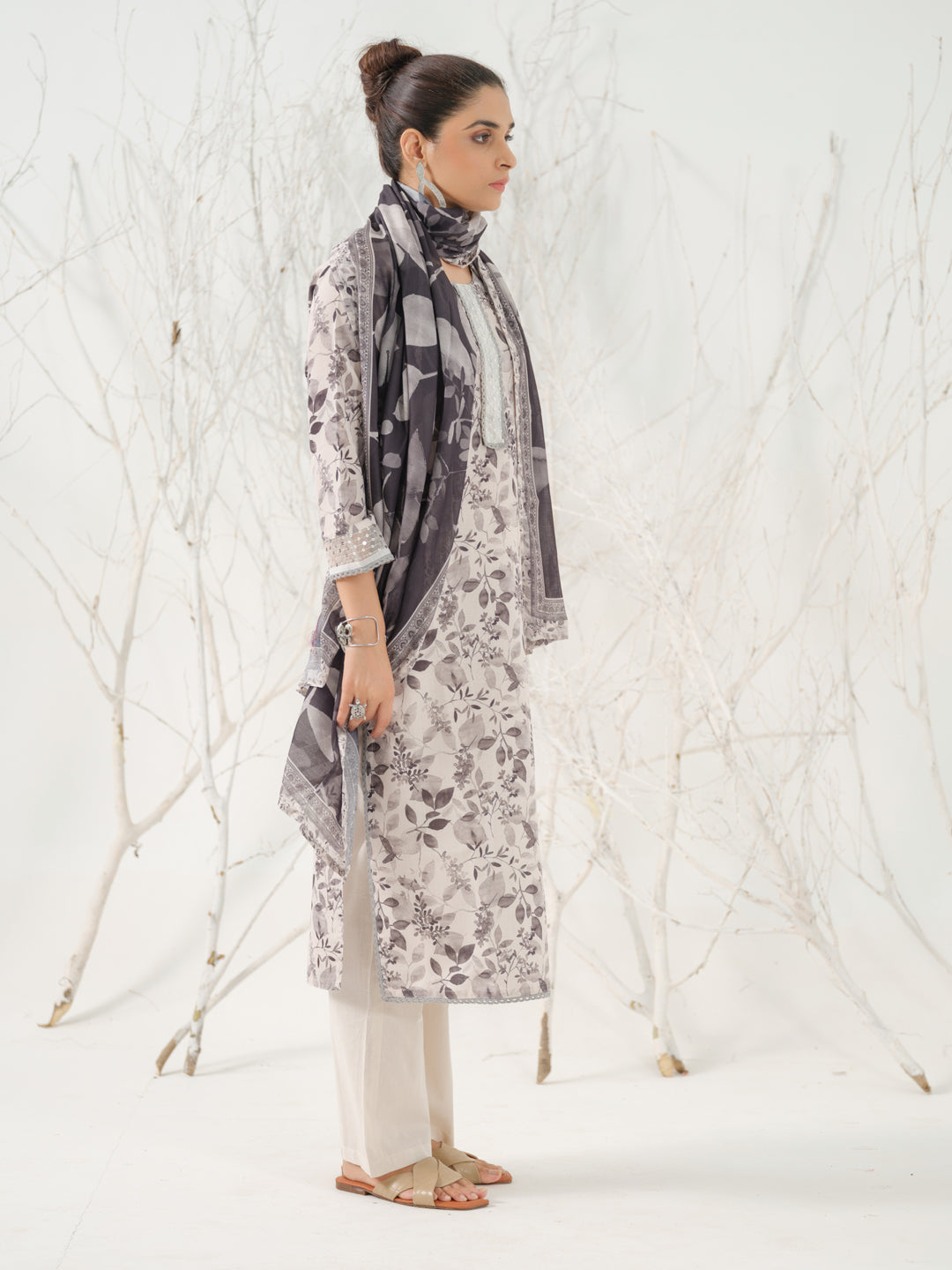 Straight Style Cotton Fabric Grey Color Kurta And Bottom With Dupatta