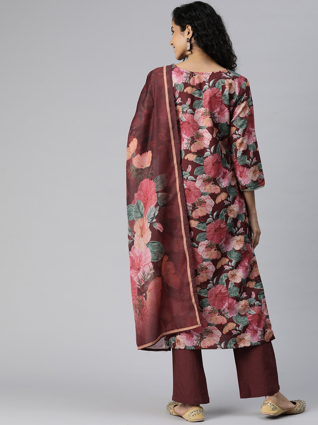 Straight Style Cotton Fabric Burgundy Color Kurta And Bottom With Dupatta