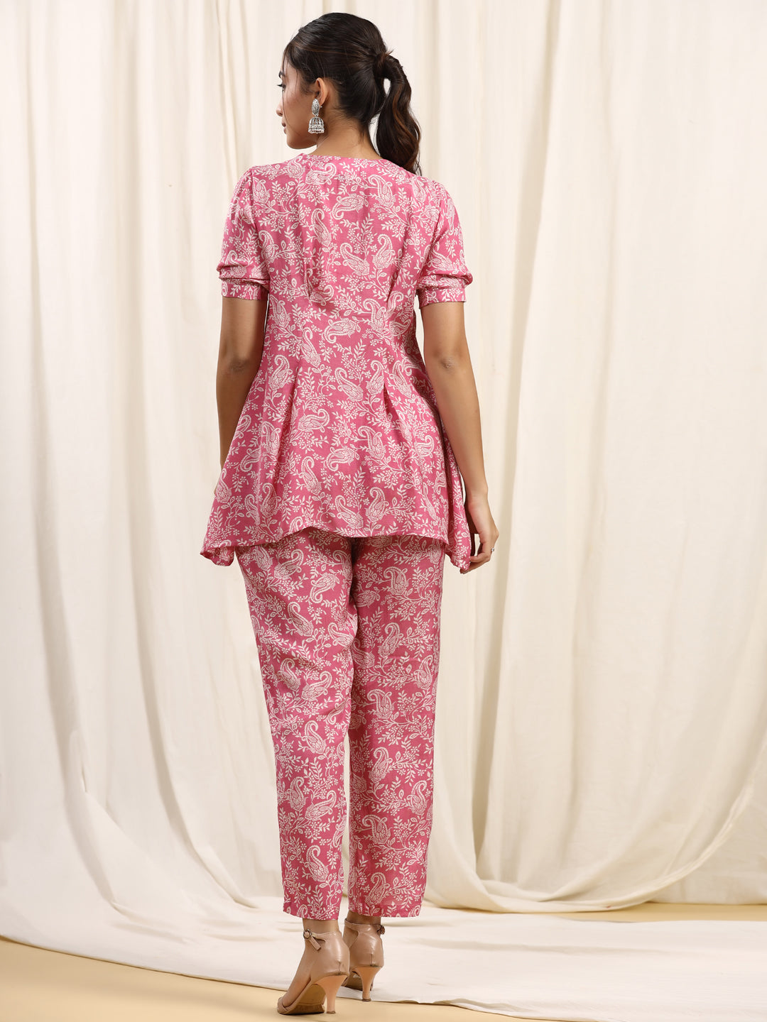 A Line Style Silk Fabric Pink Color Top With Trouser