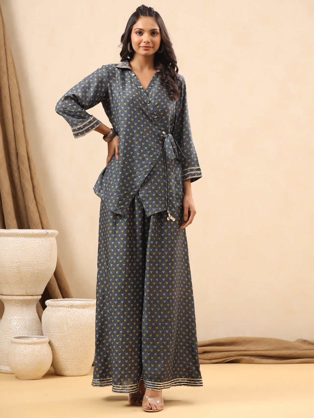 A Line Style Silk Fabric Grey Color Co-Ord Set