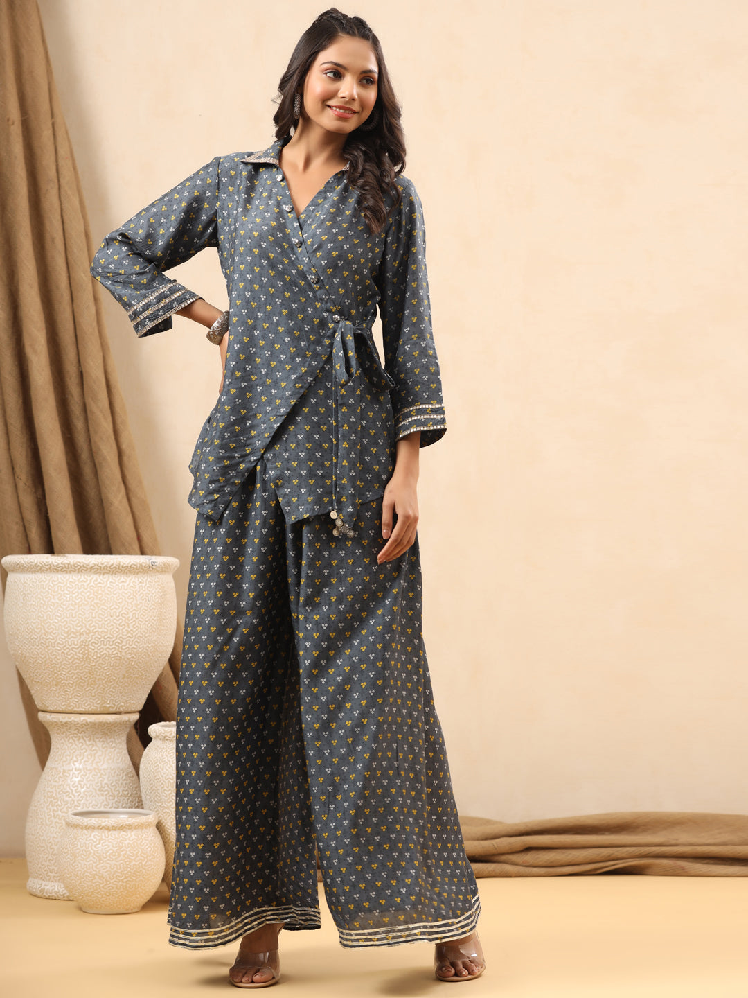 A Line Style Silk Fabric Grey Color Co-Ord Set