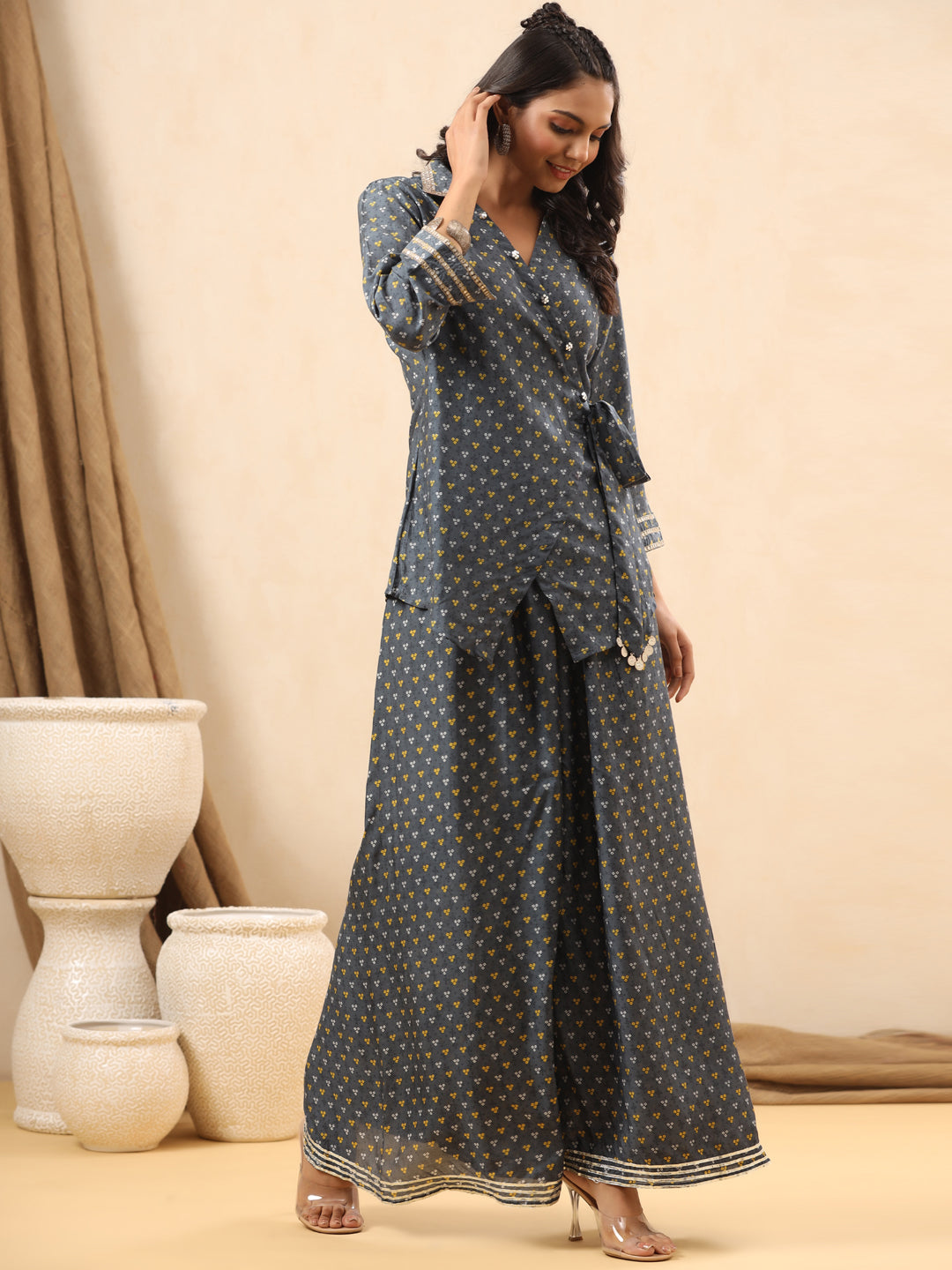 A Line Style Silk Fabric Grey Color Co-Ord Set
