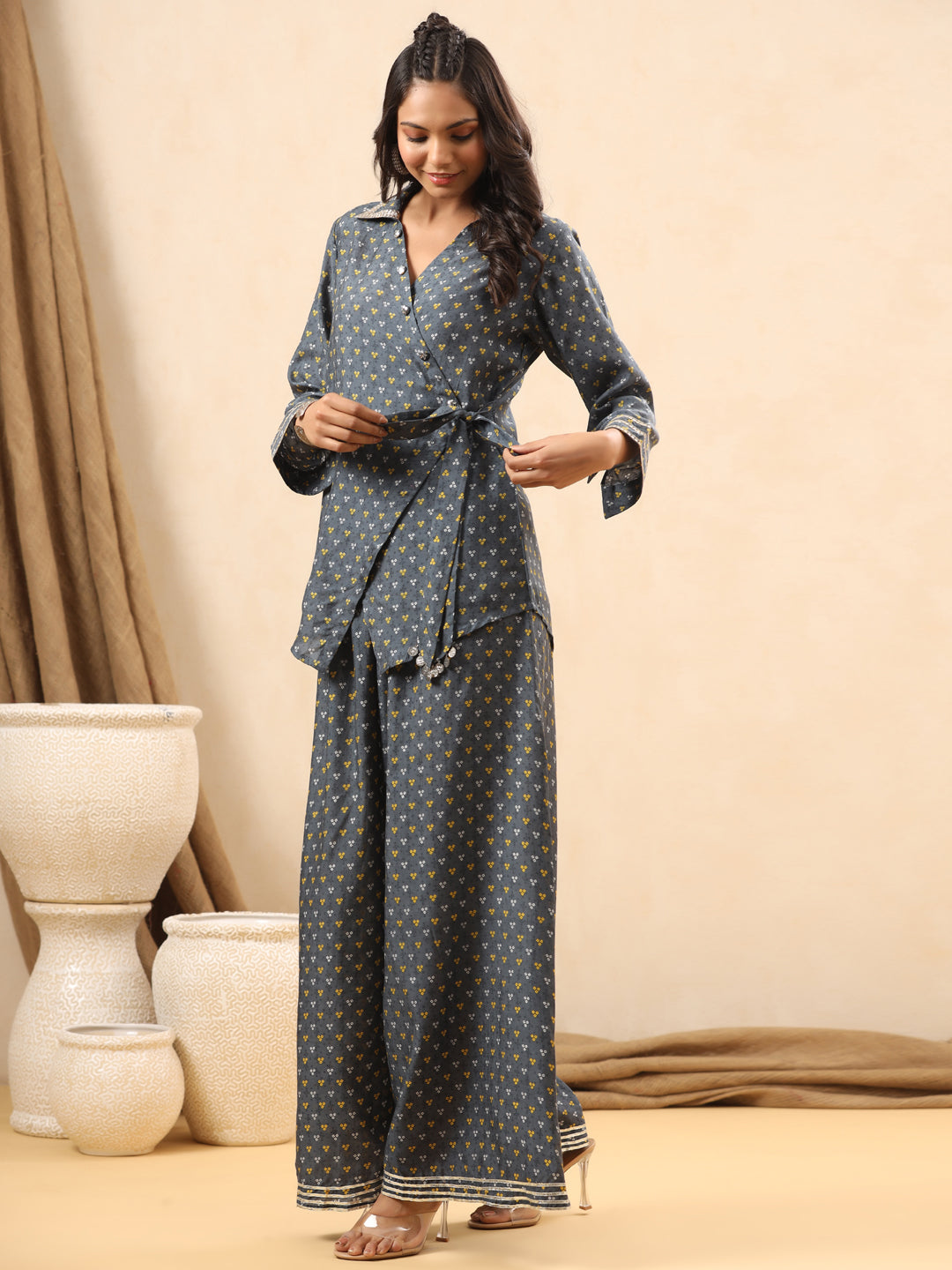A Line Style Silk Fabric Grey Color Co-Ord Set