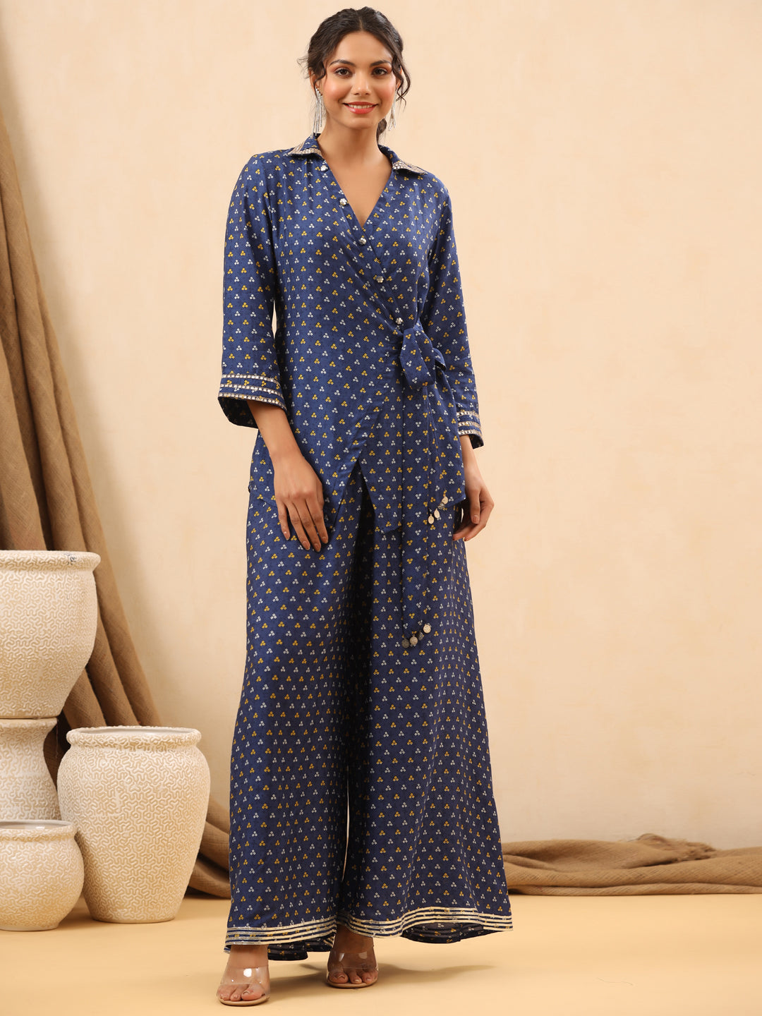 A Line Style Silk Fabric Blue Color Co-Ord Set
