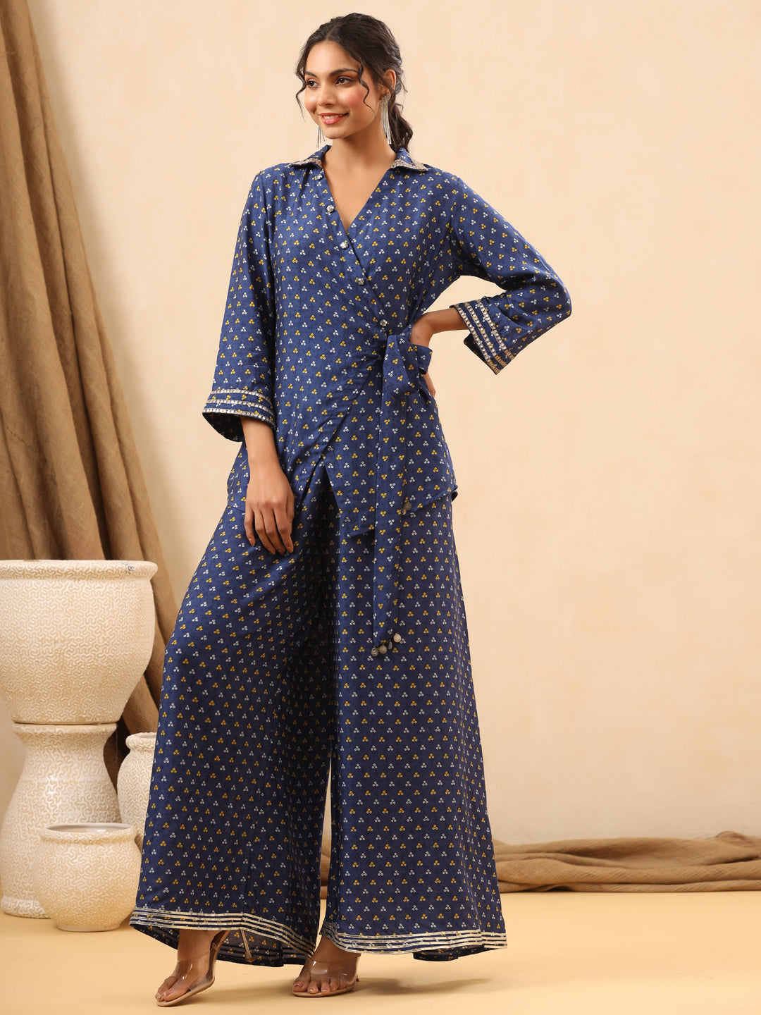 A Line Style Silk Fabric Blue Color Co-Ord Set