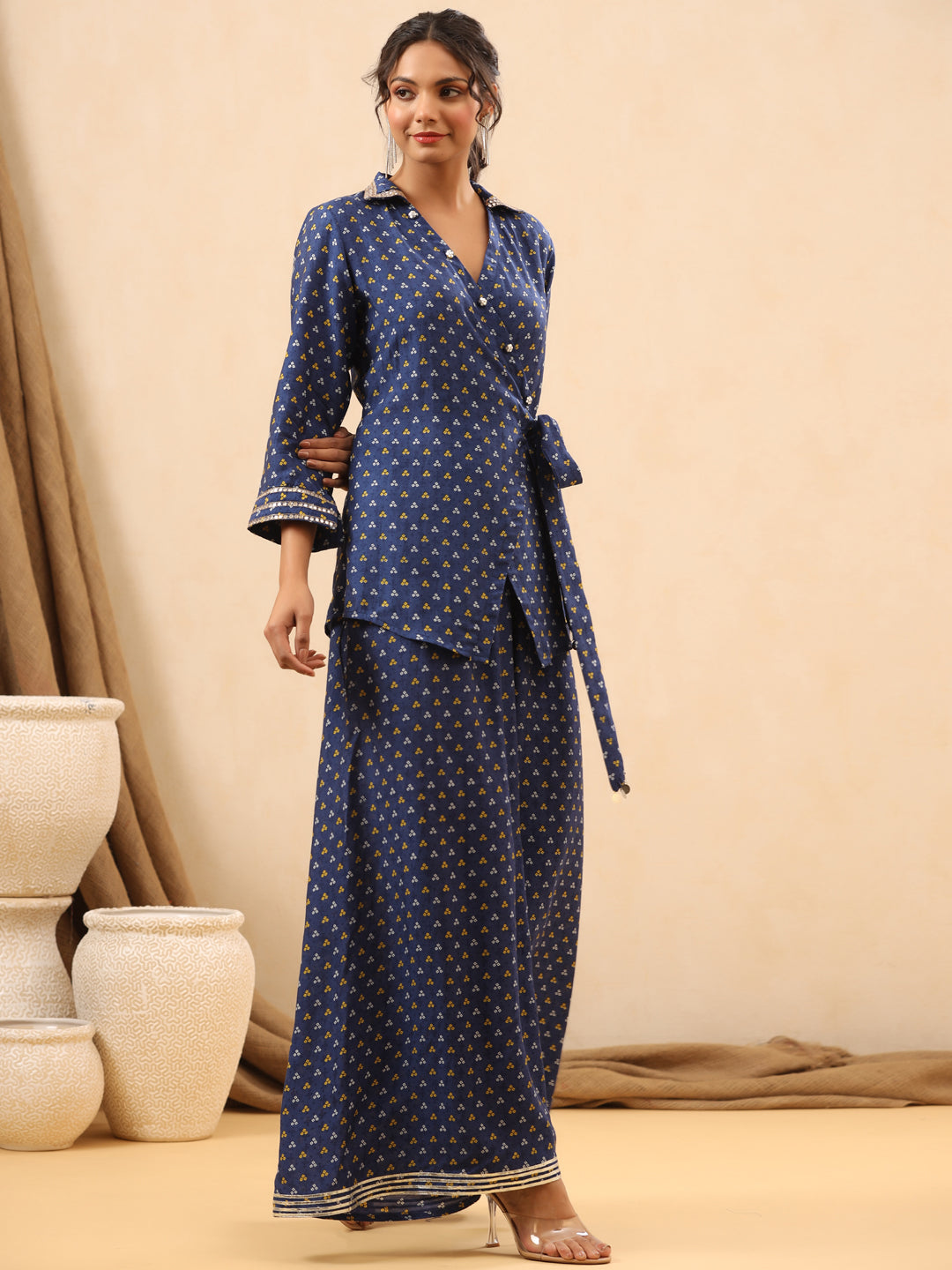 A Line Style Silk Fabric Blue Color Co-Ord Set