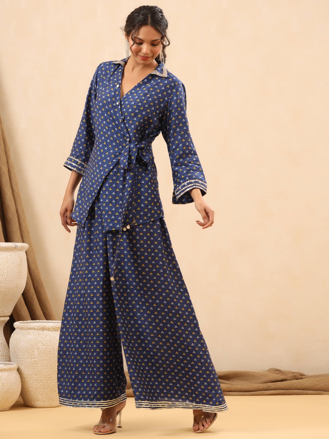 A Line Style Silk Fabric Blue Color Co-Ord Set