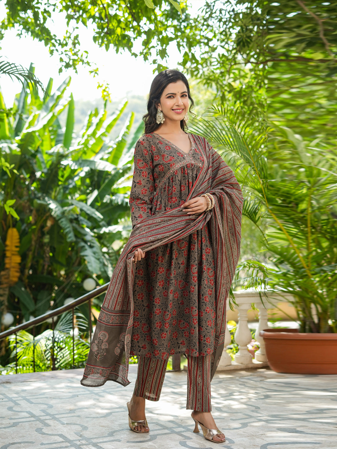 Flared Style Cotton Fabric Brown Color Kurta And Bottom With Dupatta