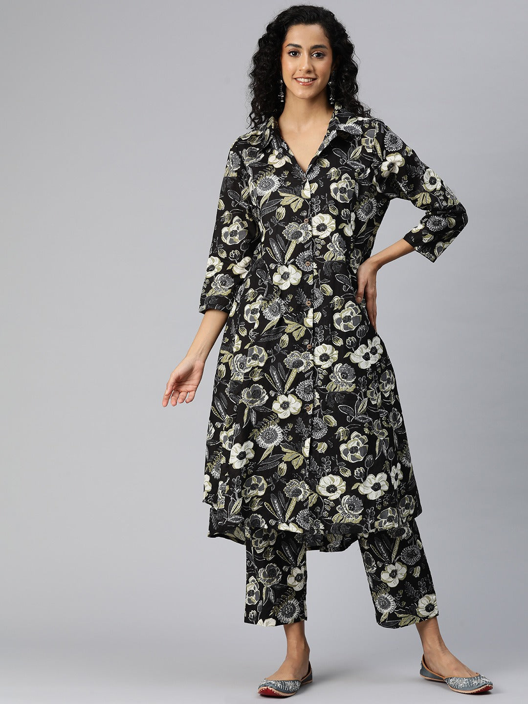 A Line Style Cotton Fabric Black Color Co-Ord Set