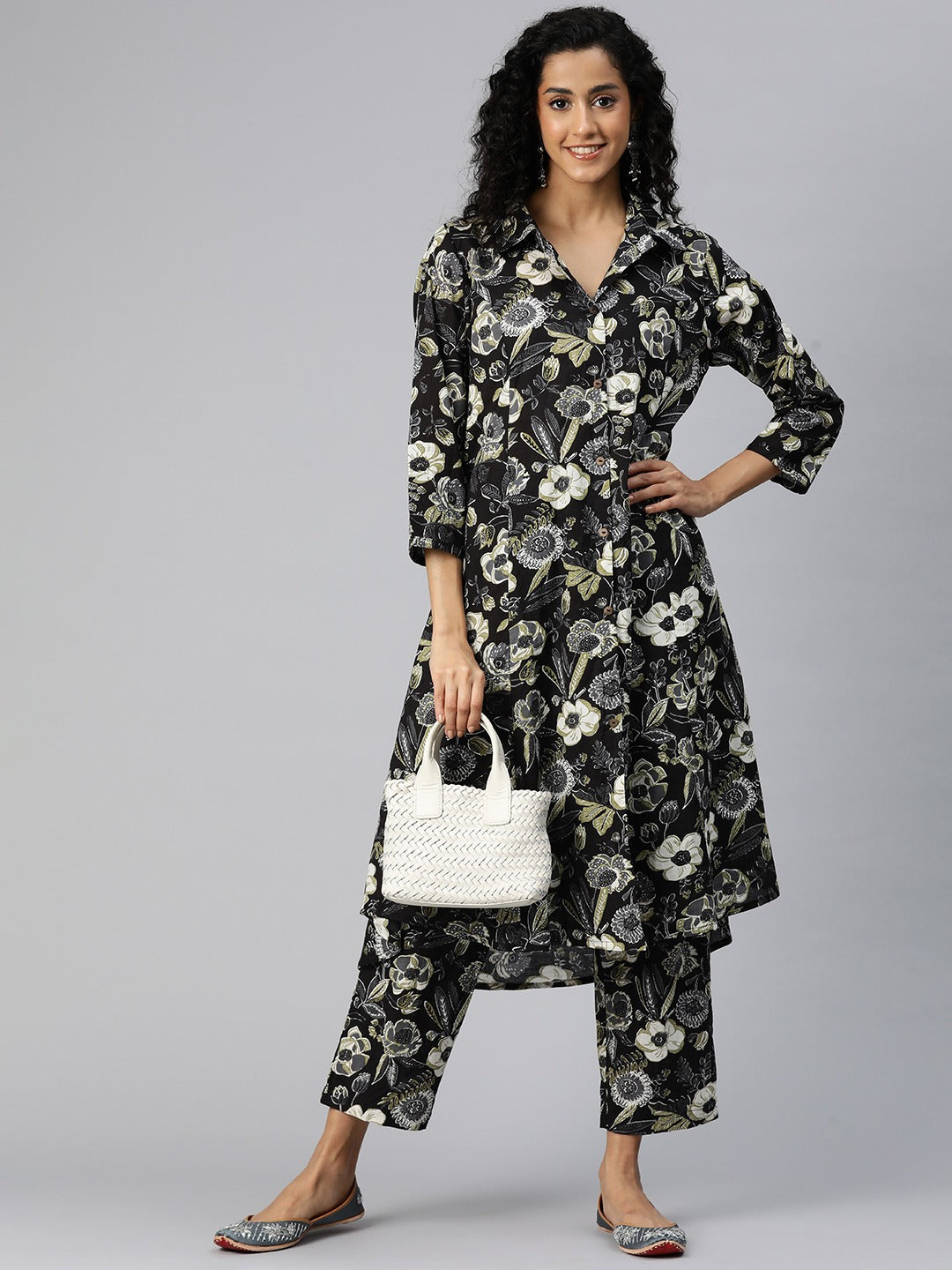 A Line Style Cotton Fabric Black Color Co-Ord Set