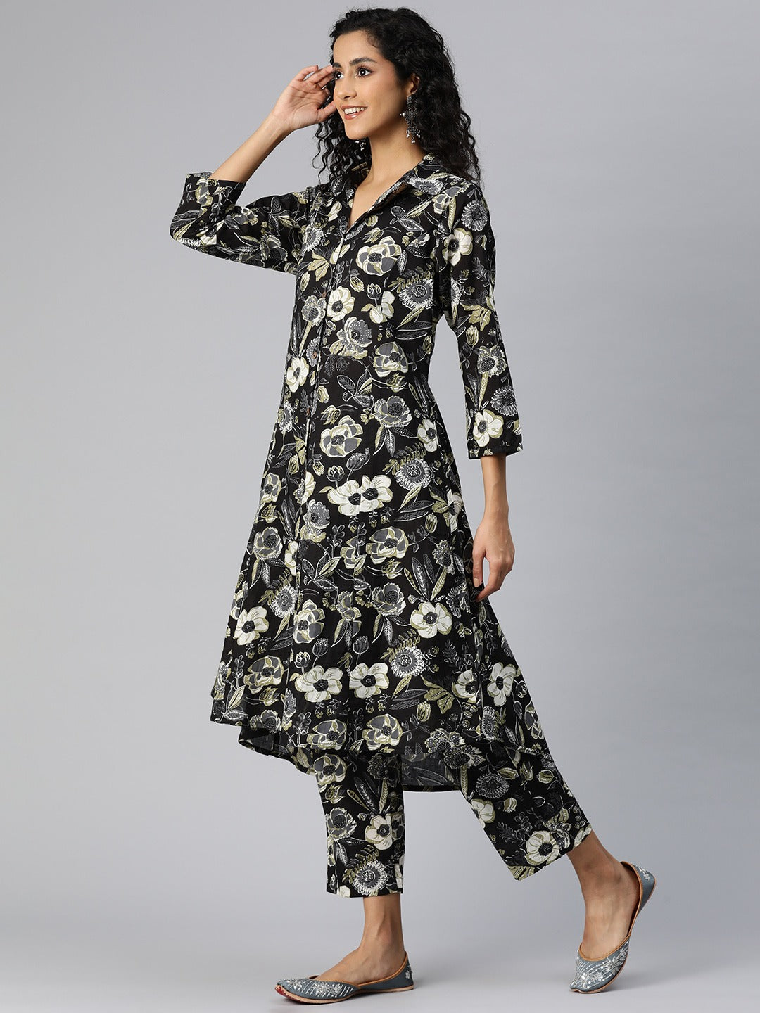 A Line Style Cotton Fabric Black Color Co-Ord Set