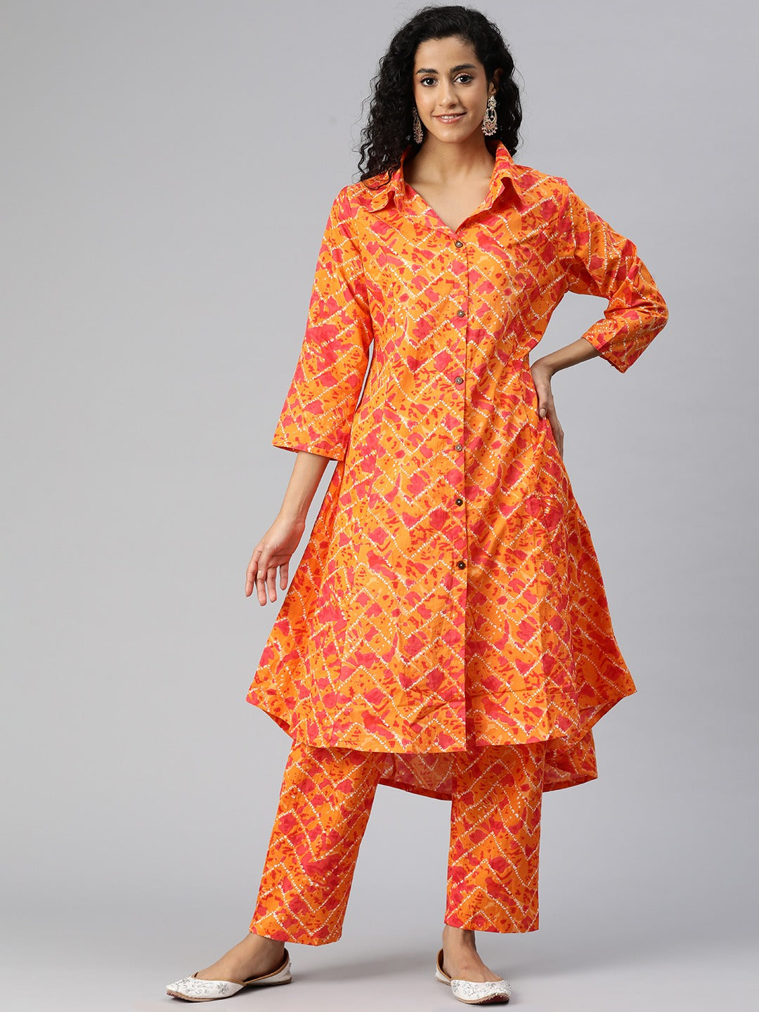 A Line Style Cotton Fabric Orange Color Co-Ord Set