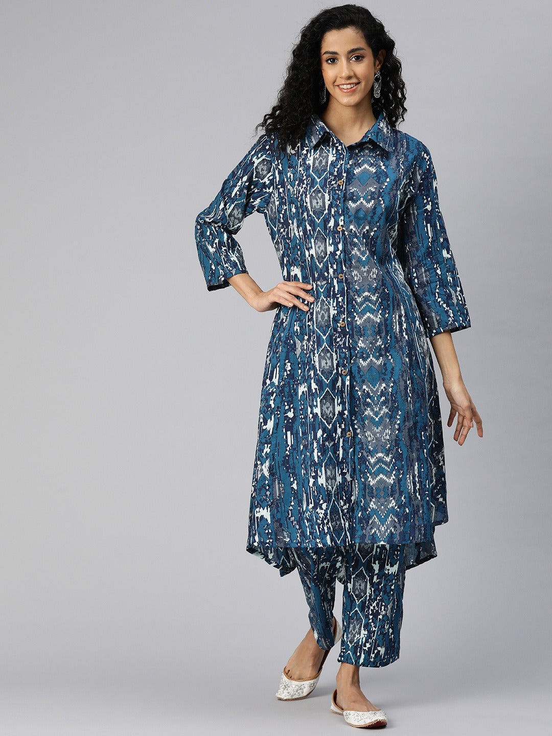 A Line Style Cotton Fabric Blue Color Kurta And Bottom