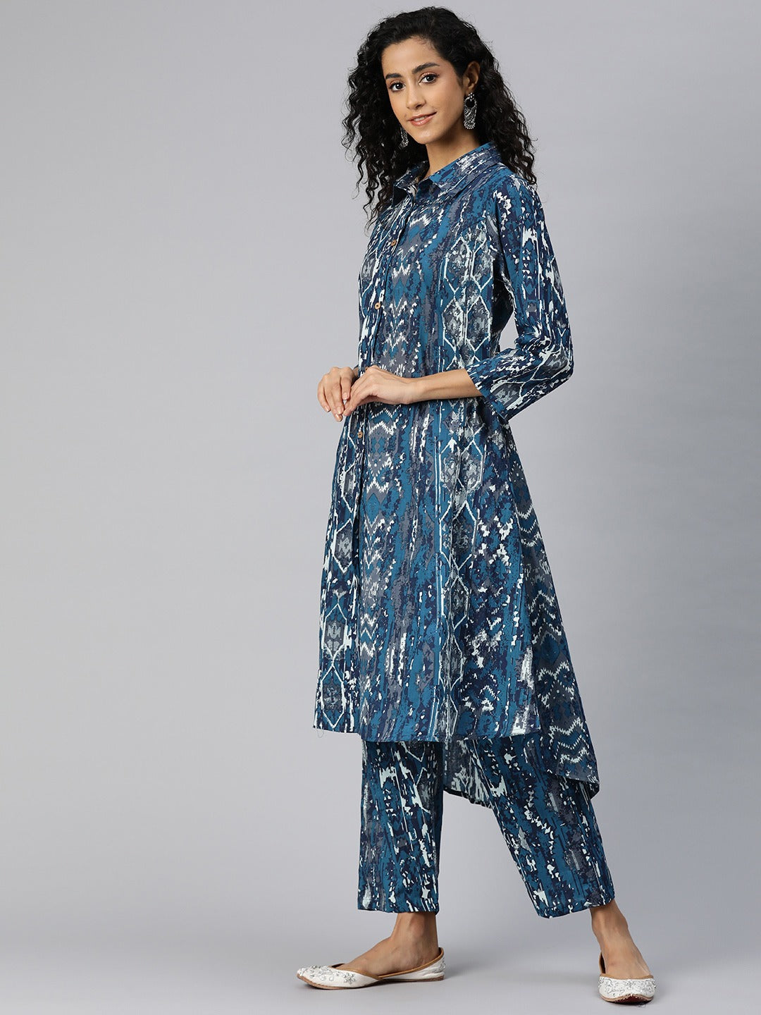 A Line Style Cotton Fabric Blue Color Kurta And Bottom