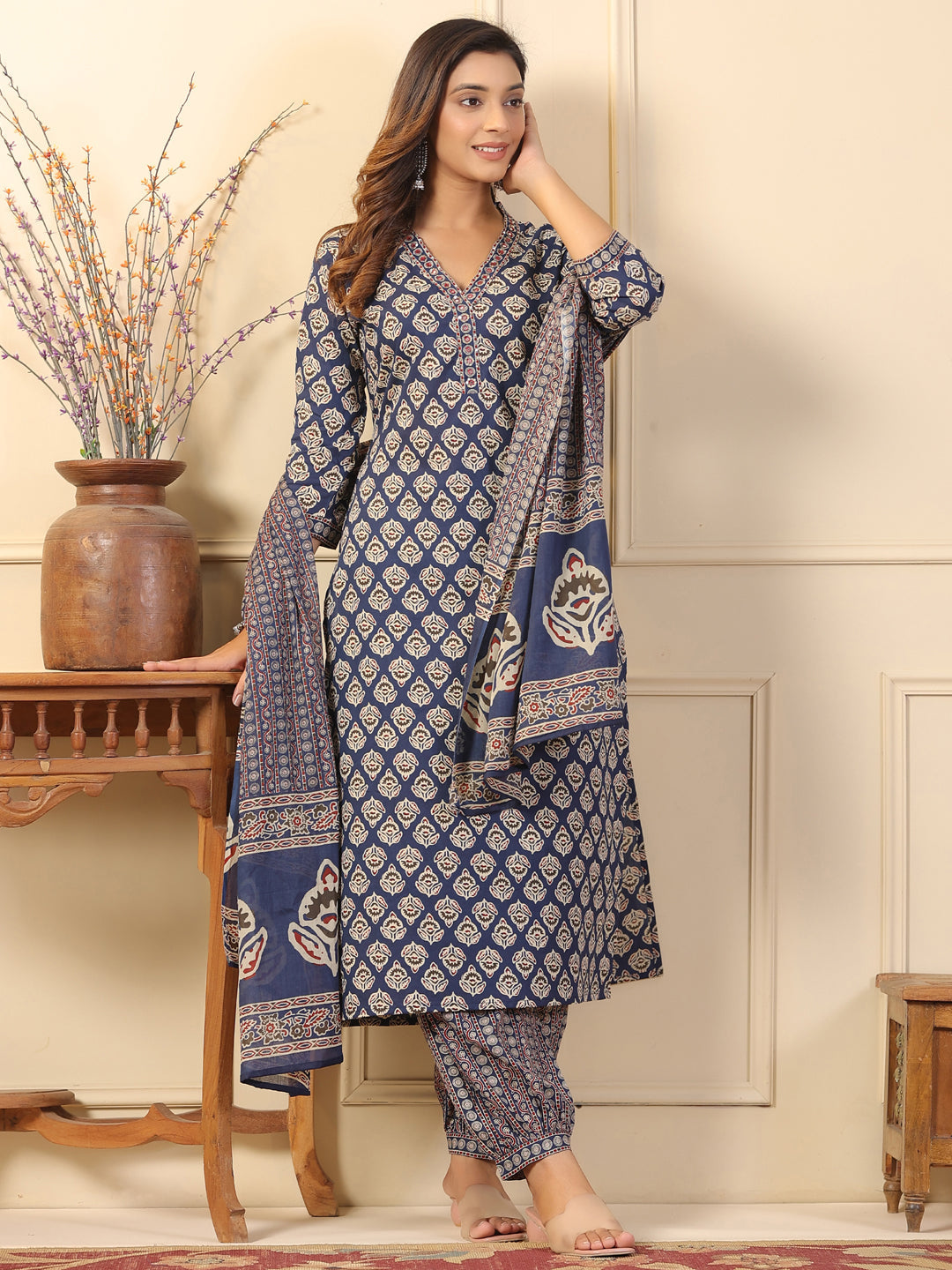 Straight Style Cotton Fabric Blue Color Kurta And Bottom With Dupatta