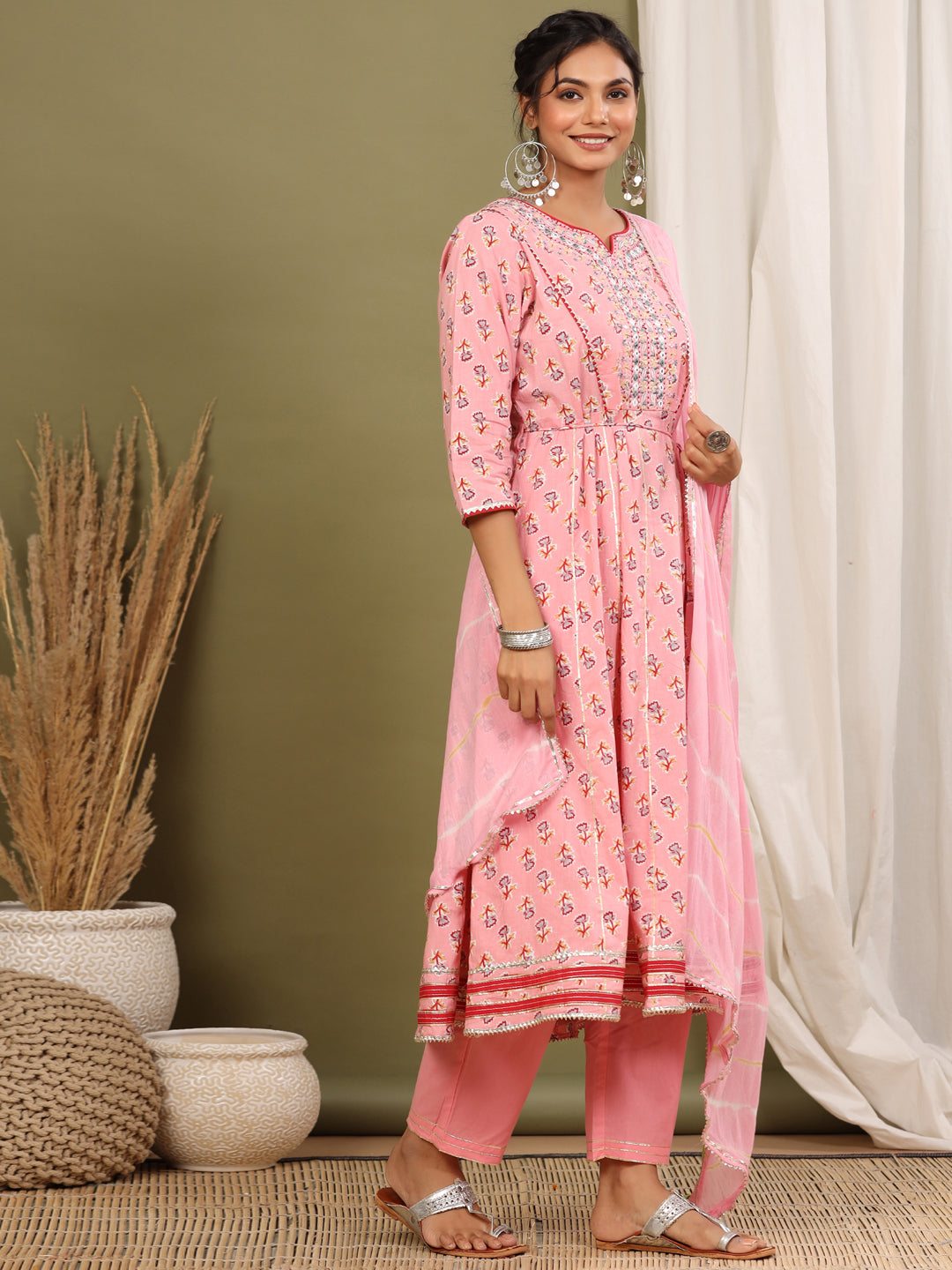 Anarkali Style Cotton Fabric Pink Color Kurta And Bottom With Dupatta