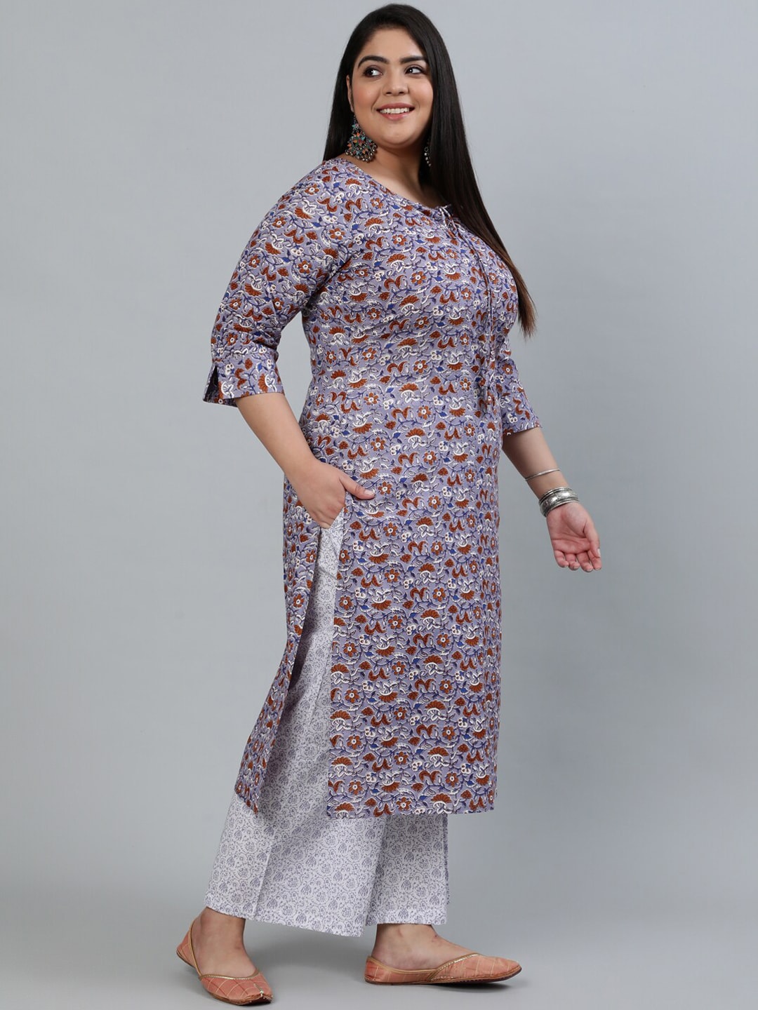 Plus Size Women Grey Printed Straight Kurta With Palazo & Dupatta