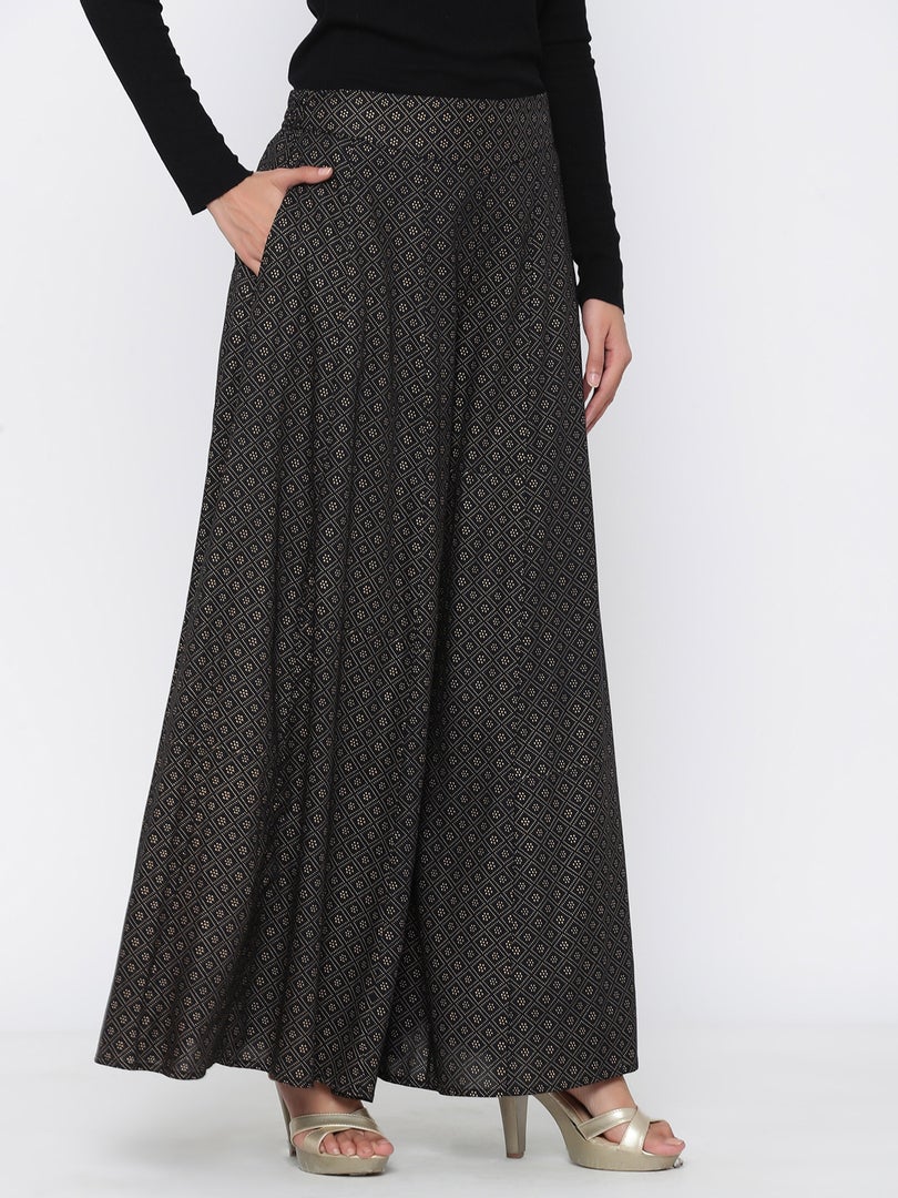 Black Rayon Printed Flared Palazzo