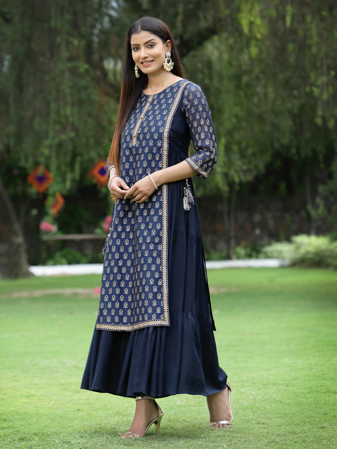 Navy Chanderi Silk Printed Layered Dress