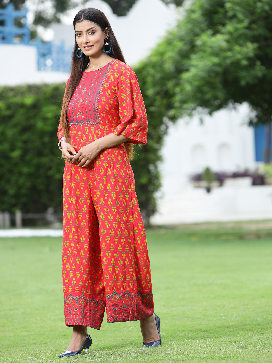 Coral Rayon Printed Regular Jumpsuit