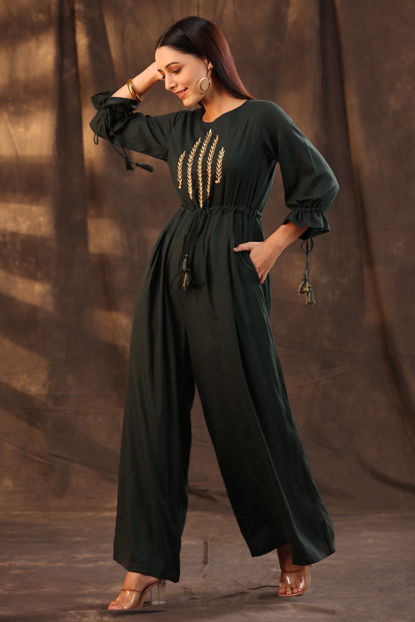 Jadegreen Rayon Slub Embroidered Regular Jumpsuit