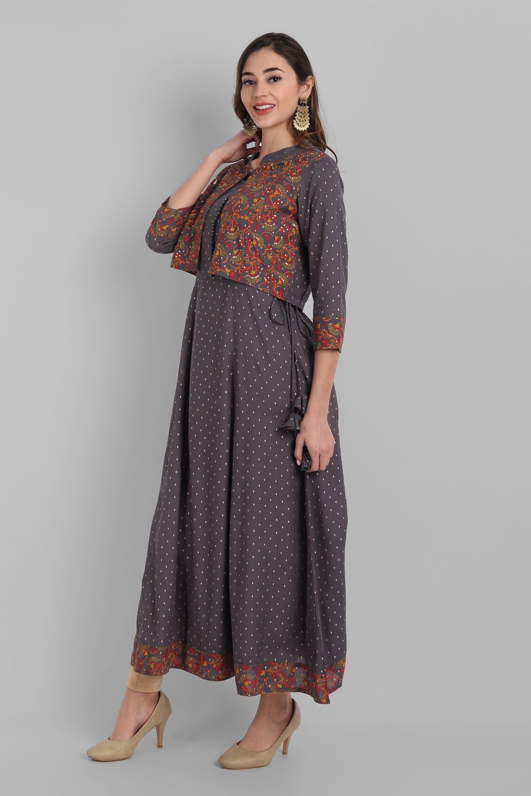 Grey Rayon Printed Flared Dress