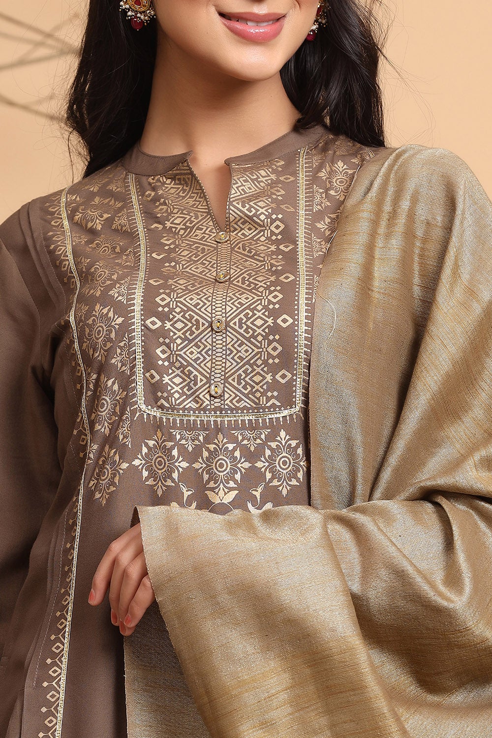 Brown Rayon Printed Straight Kurta Set