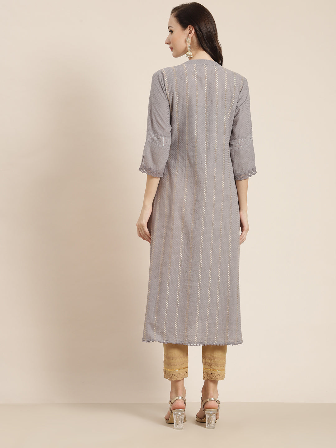 Grey Cotton Dobby Printed A-Line Kurta