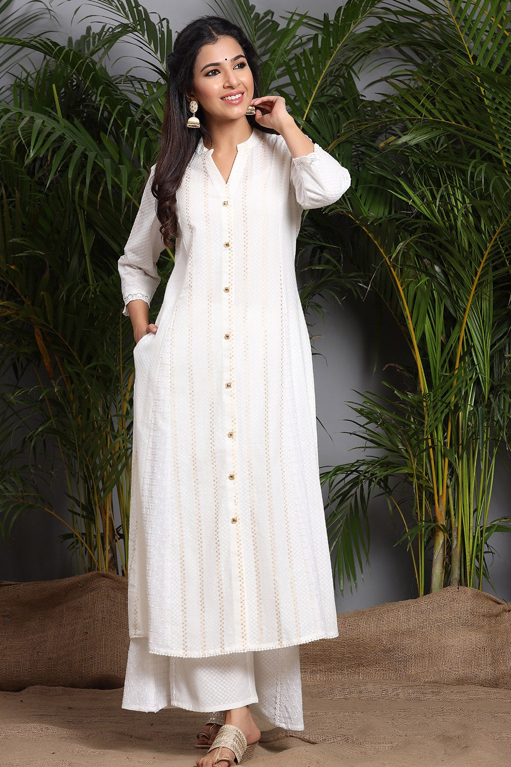 White Cotton Dobby Printed A-Line Kurta