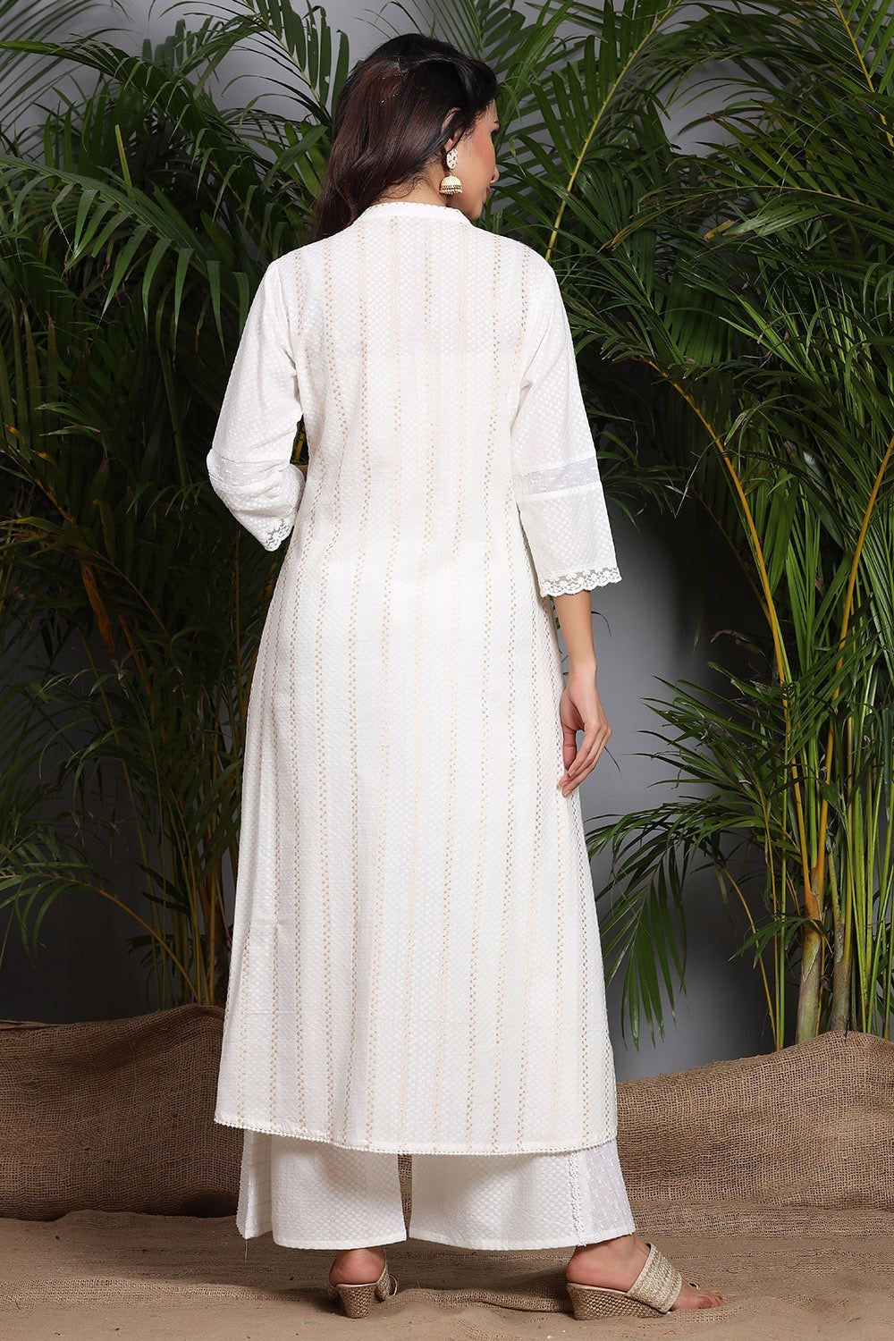 White Cotton Dobby Printed A-Line Kurta