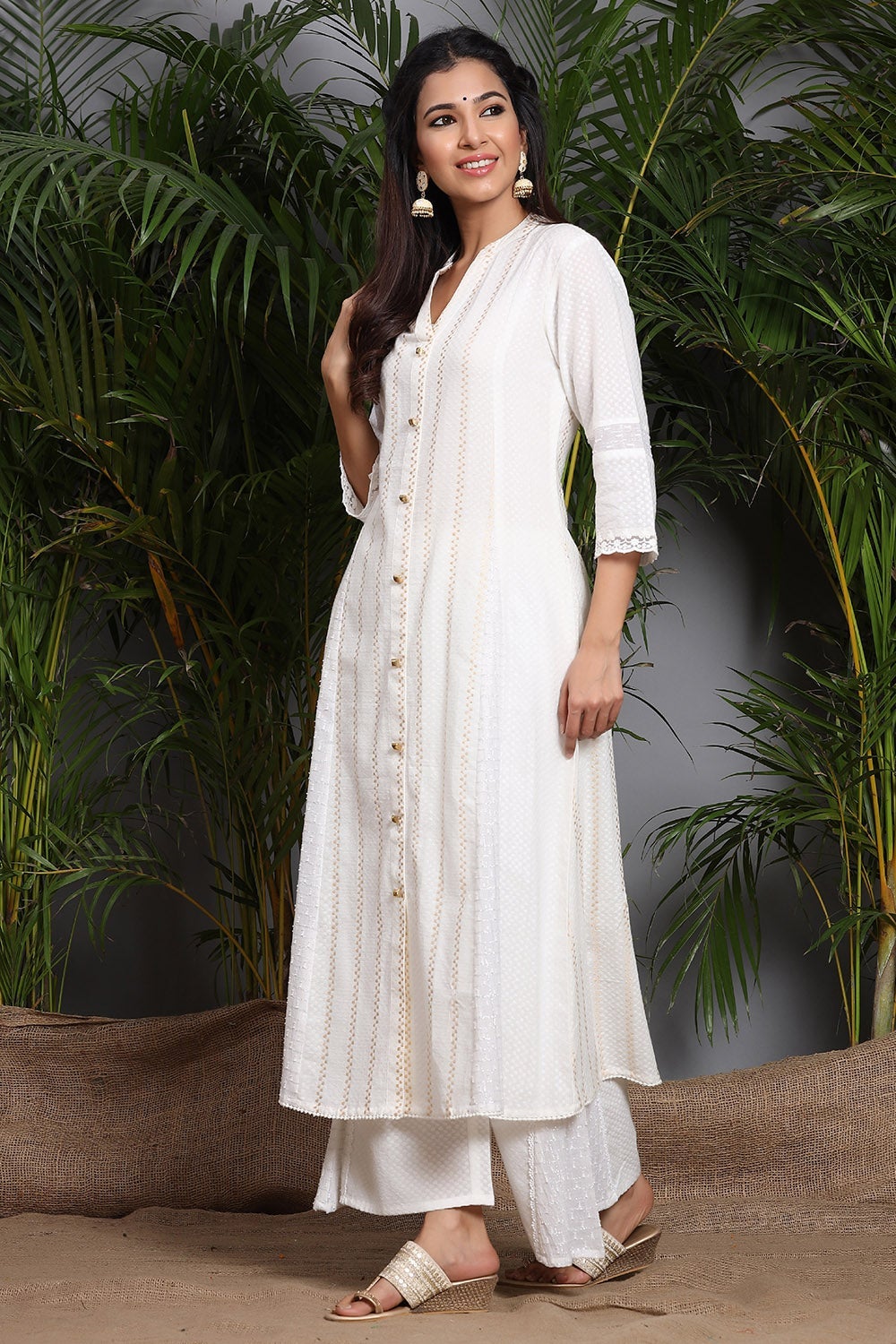 White Cotton Dobby Printed A-Line Kurta