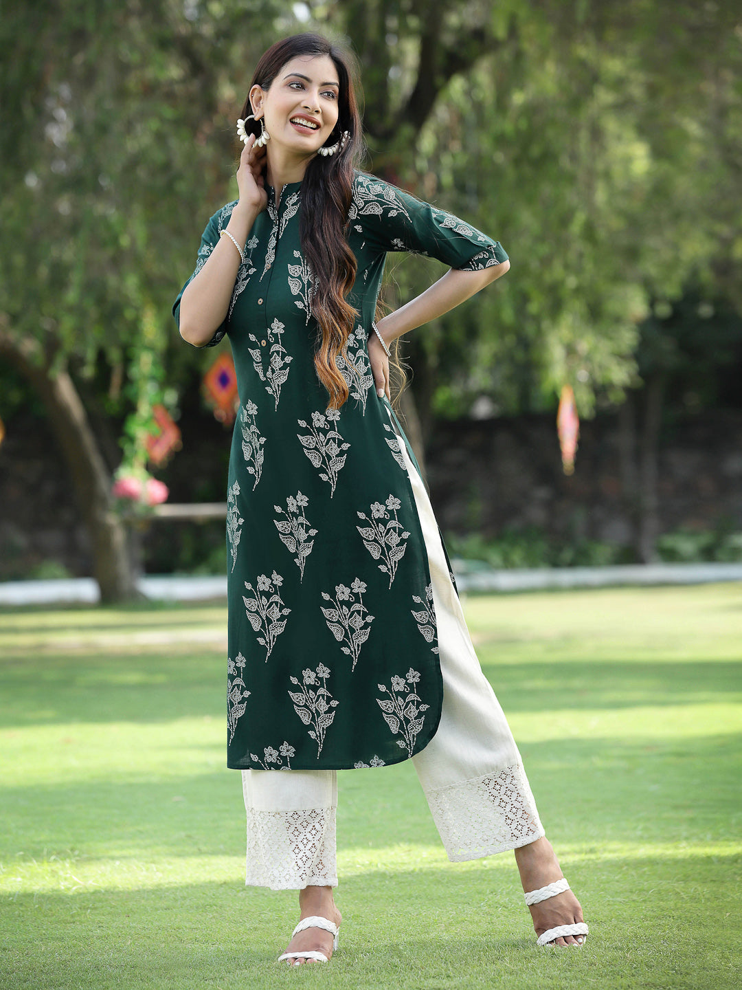 Jade green Rayon Slub Bandhani Straight Kurta