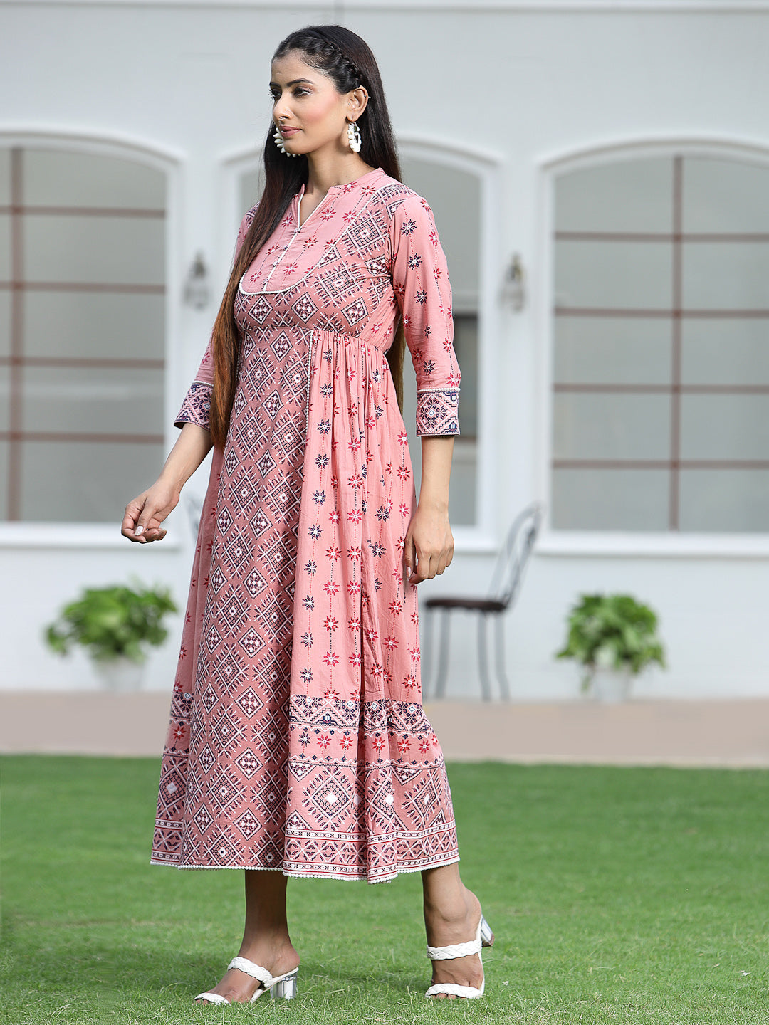 Peach Cambric Mexican Print Flared Kurta Dress With Mask