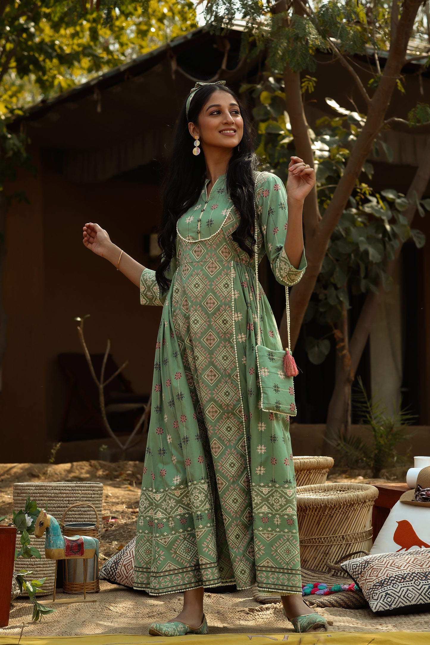 Pistagreen Cambric Printed Flared Dress