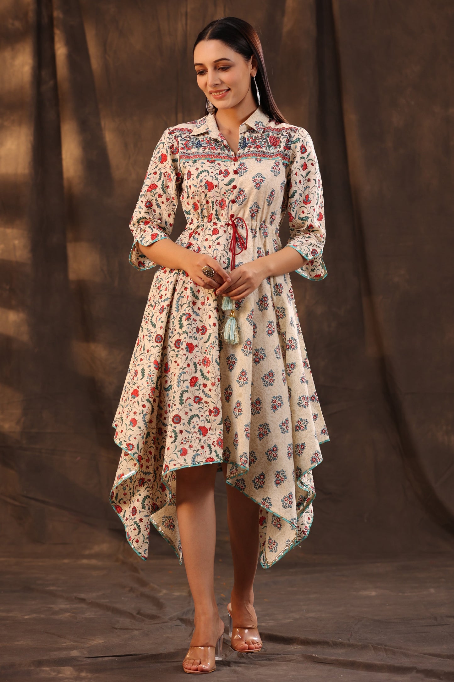 Beige Cambric Printed Asymmetric Dress