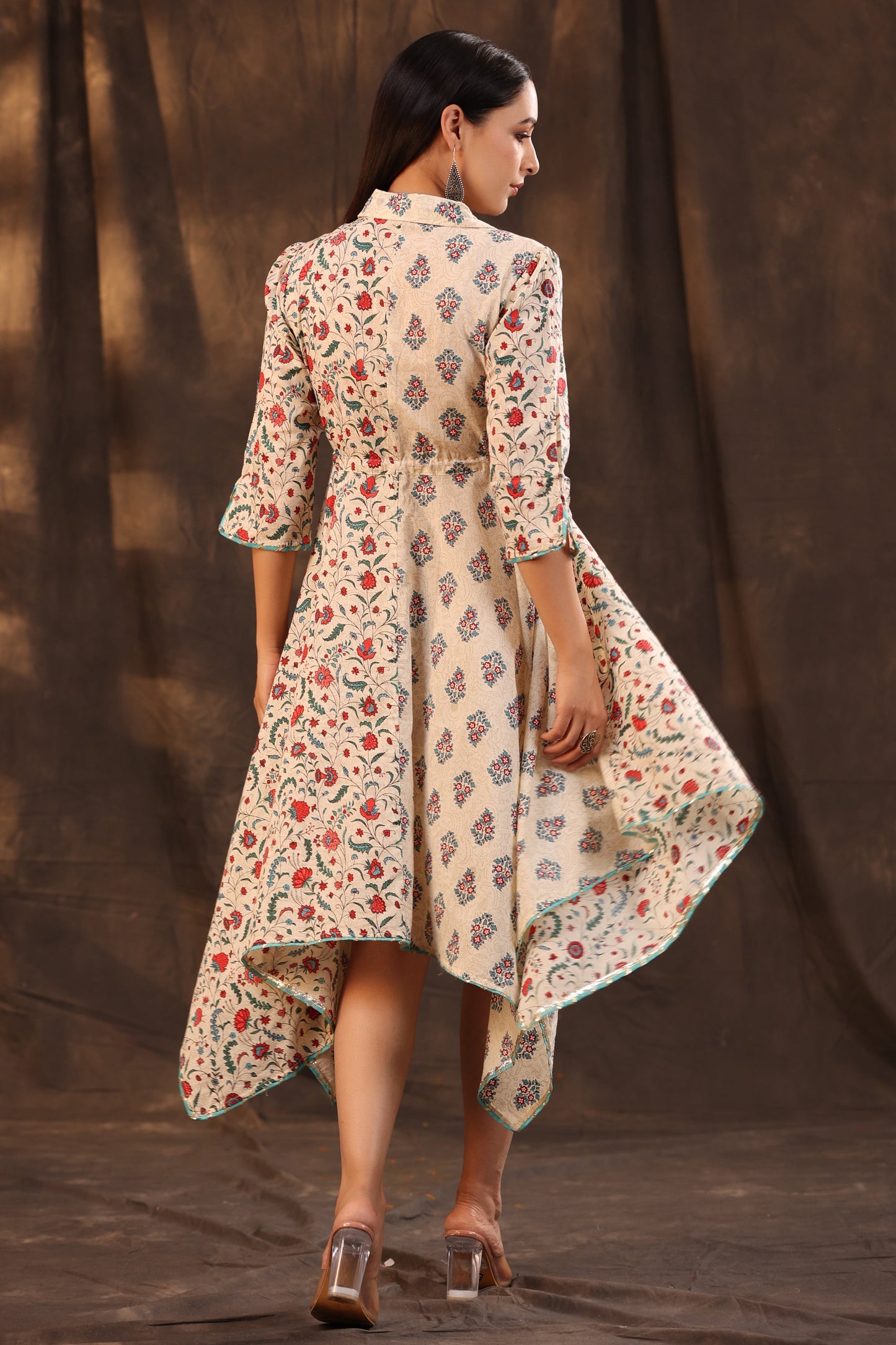 Beige Cambric Printed Asymmetric Dress