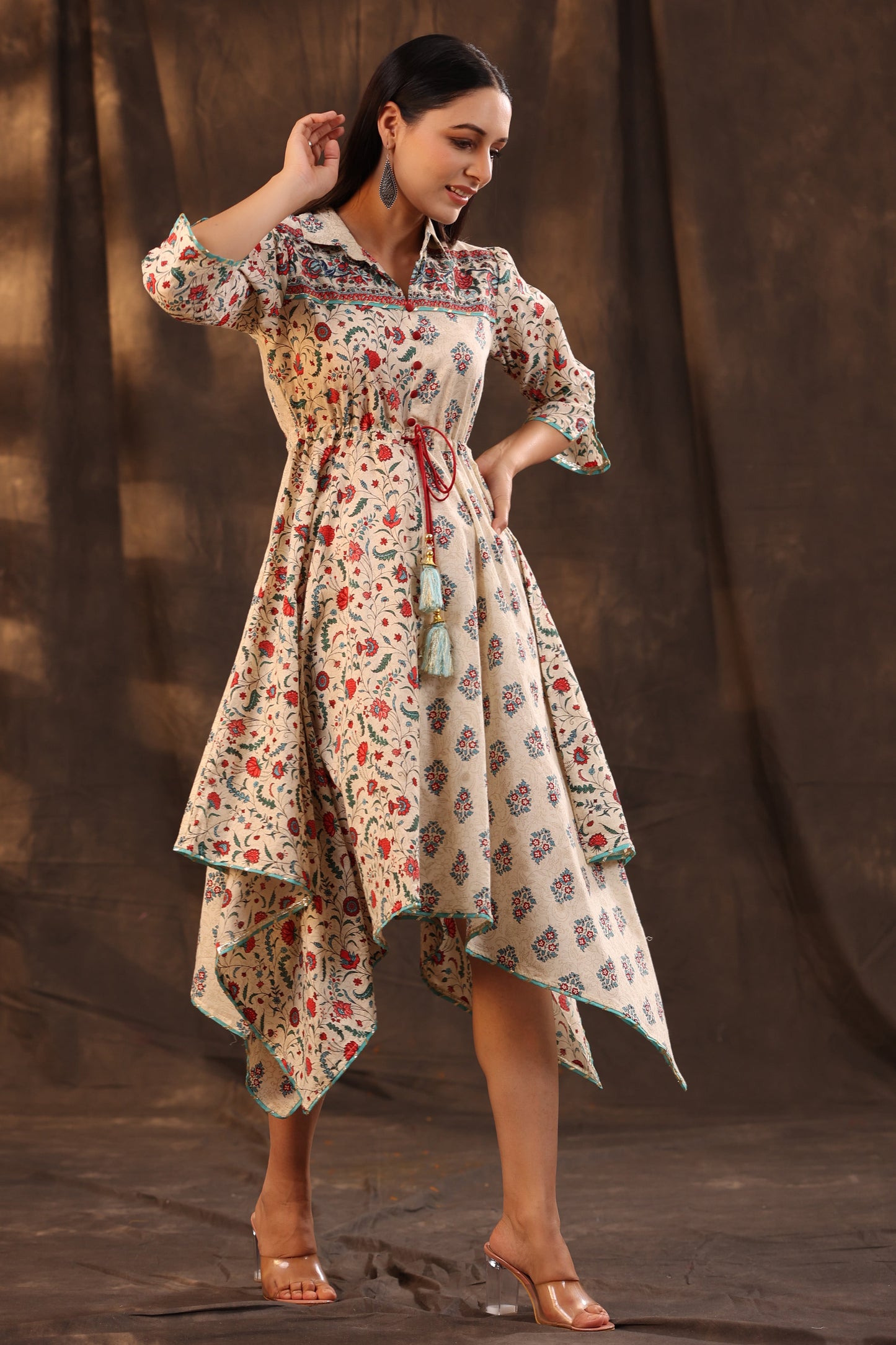 Beige Cambric Printed Asymmetric Dress