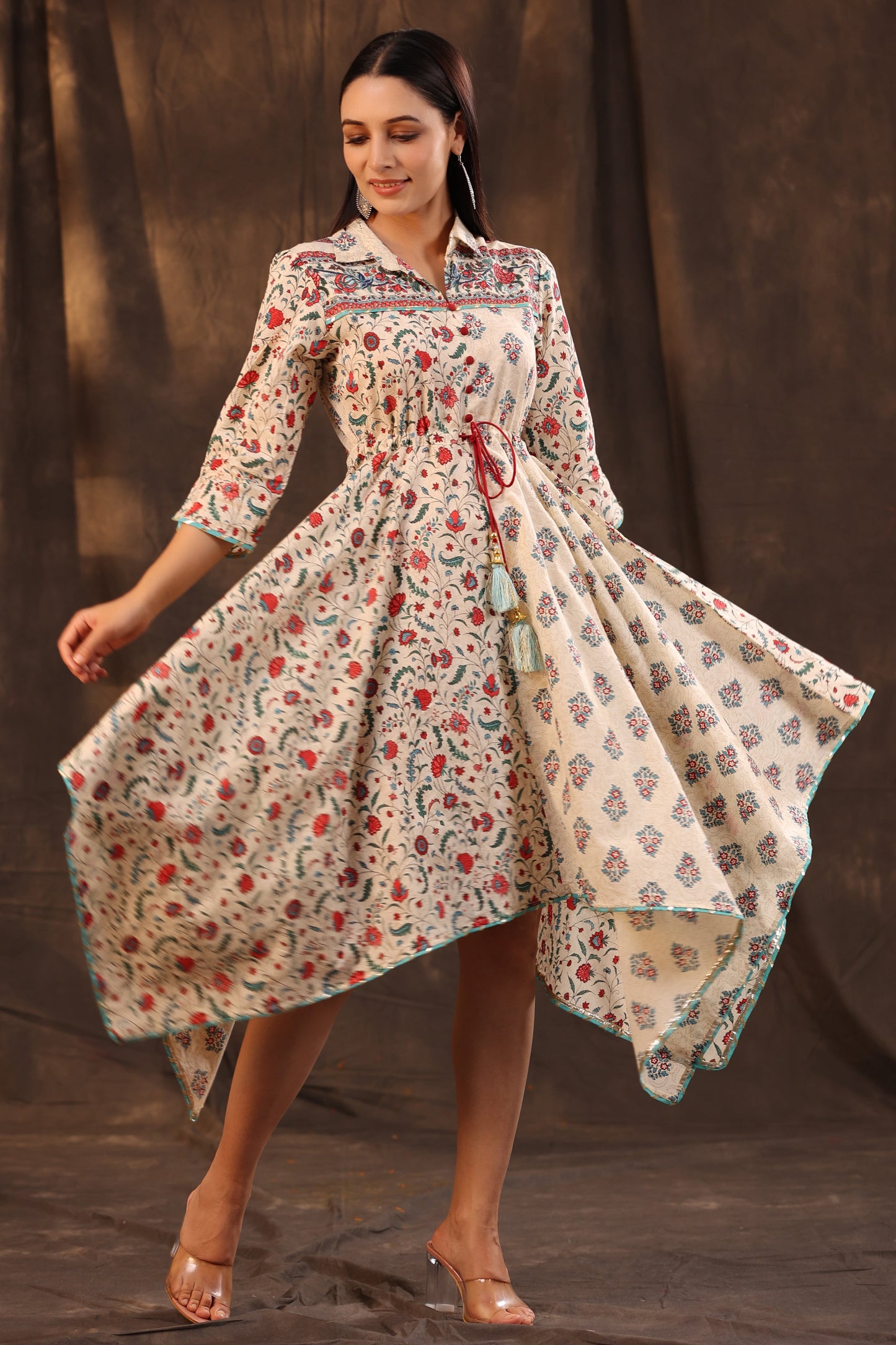 Beige Cambric Printed Asymmetric Dress