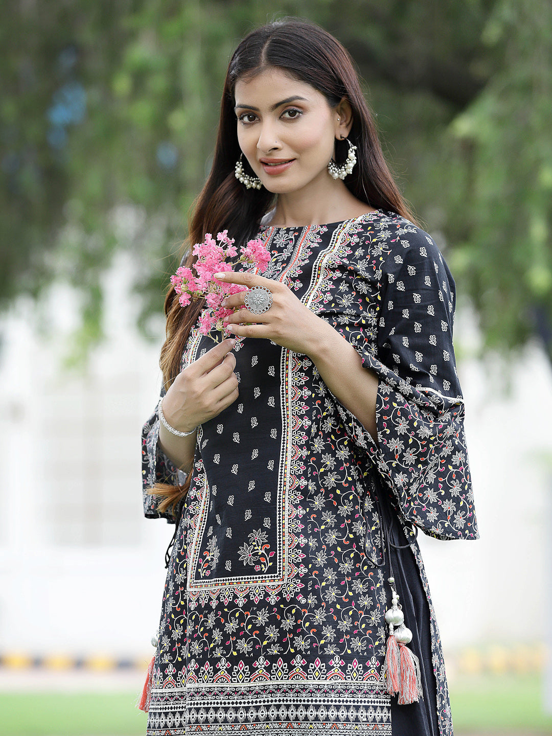 Black Cambric Printed High-Low Kurta Sets