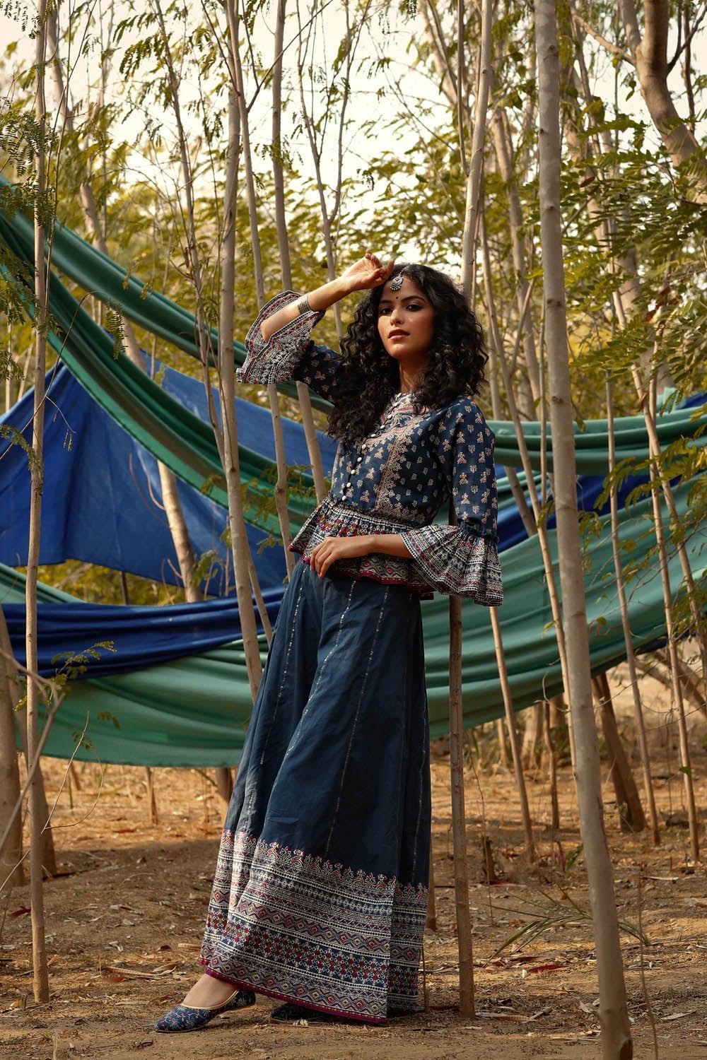 Indigo Cambric Printed Peplum Clothing Set