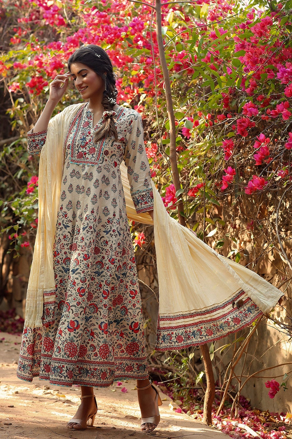 Beige Cambric Printed Flared Dress