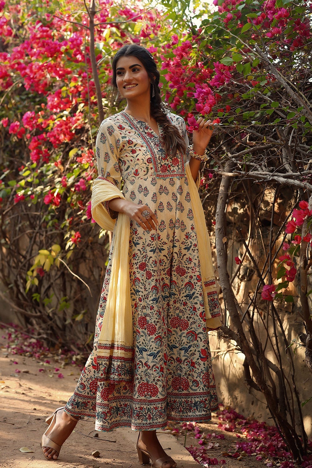 Beige Cambric Printed Flared Dress