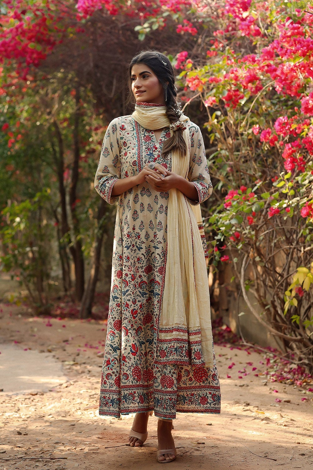 Beige Cambric Printed Flared Dress