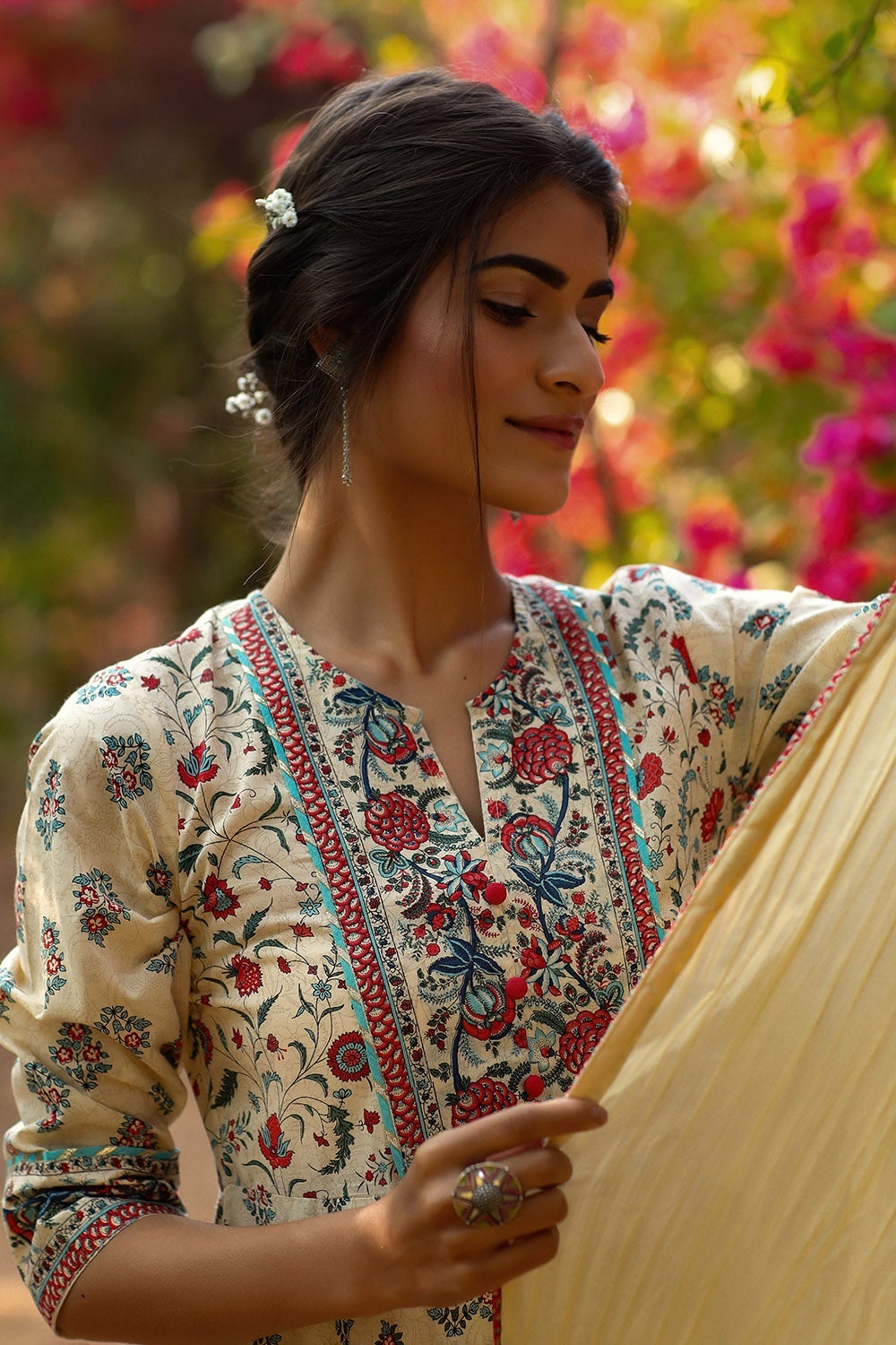 Beige Cambric Printed Flared Dress