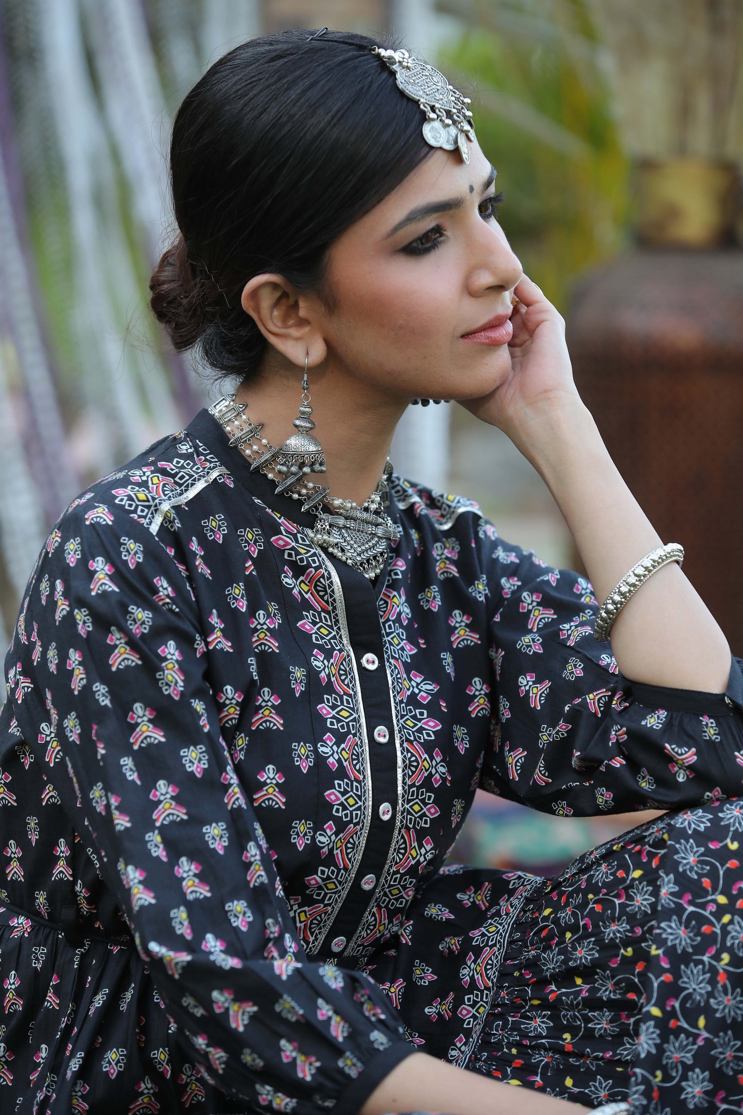 Black Cambric Printed Tiered Dress