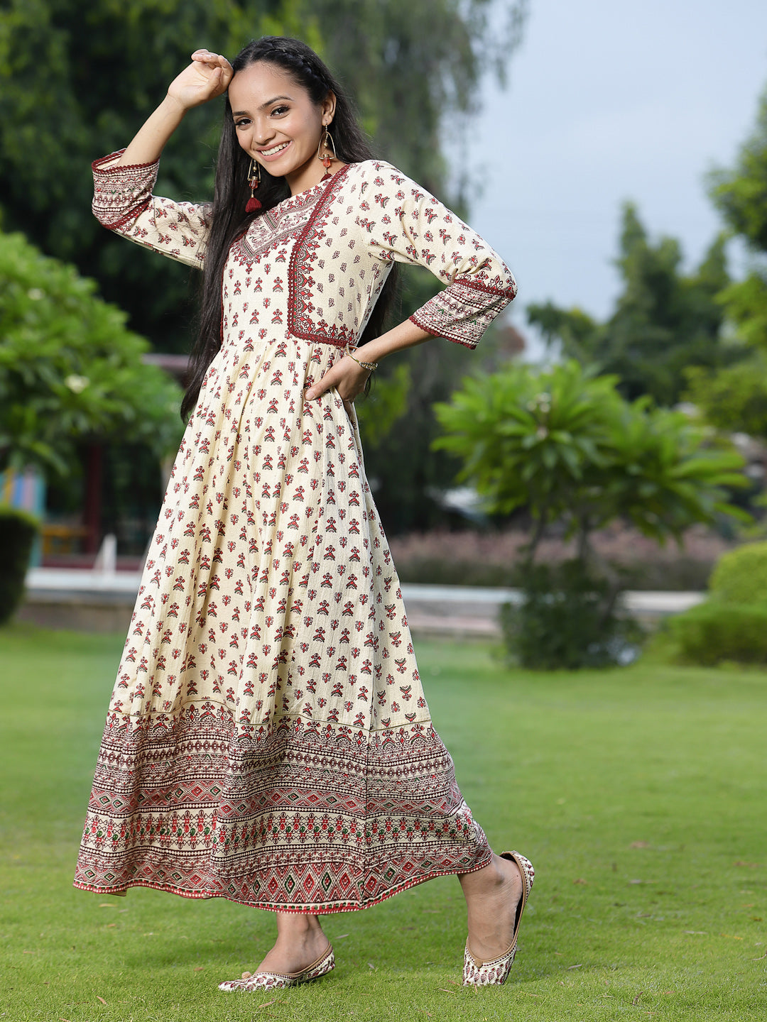 Cream Cambric Printed Anarkali Dress