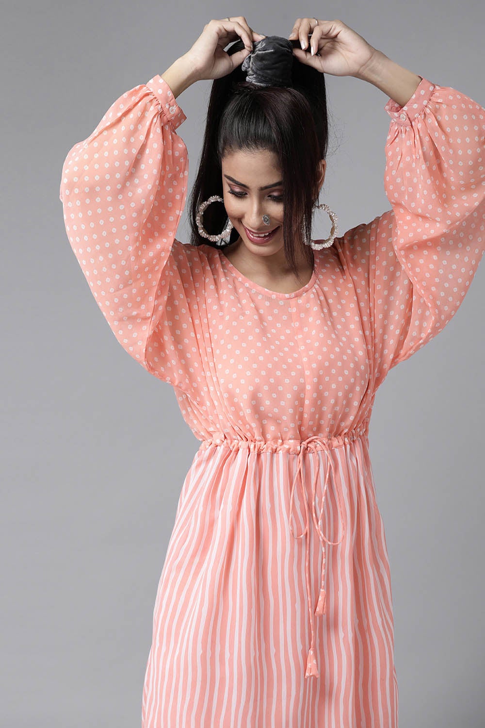 Peach Georgette Bandhani High-Low Tunic